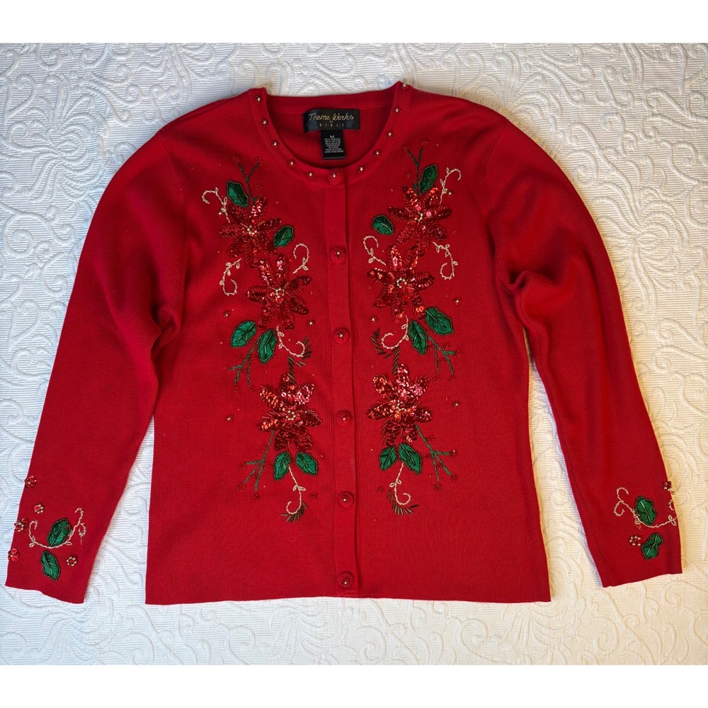 VTG Theme Works Kikit Red Bead/Sequin Floral Christmas Cardigan Sweater Women M.